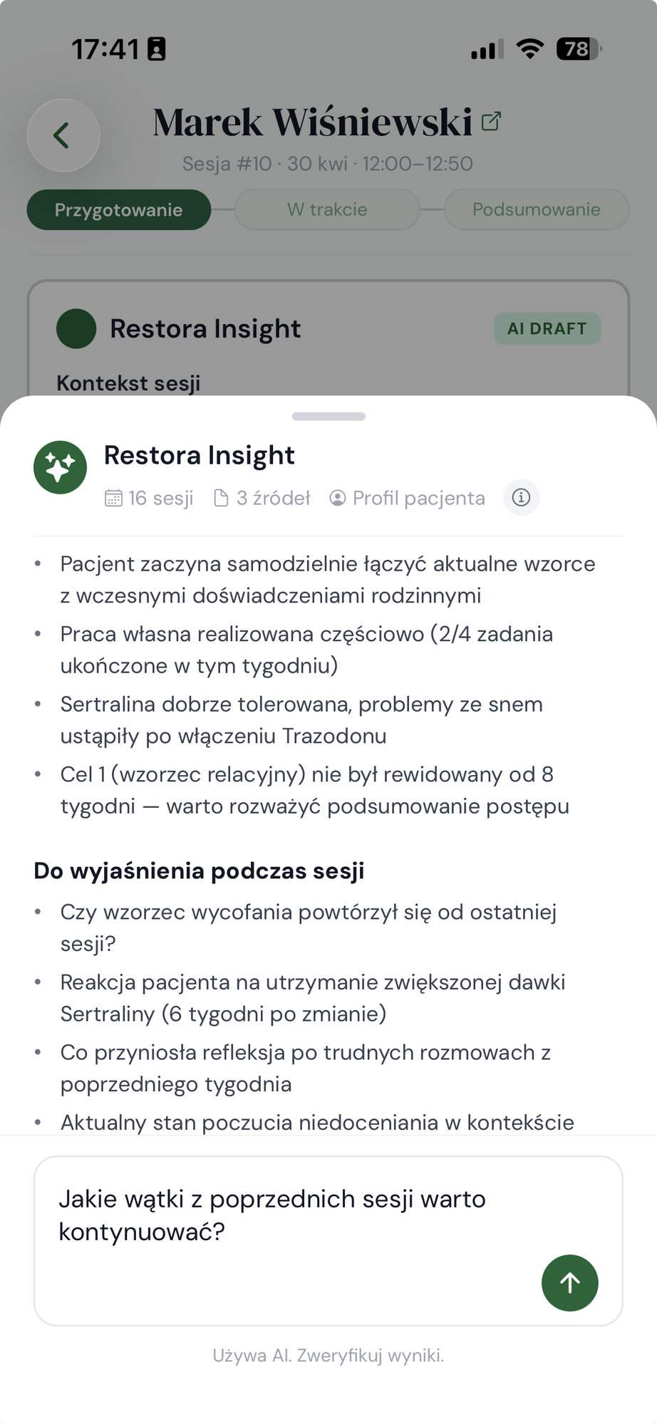Widok Restora Insight — asystenta klinicznego AI