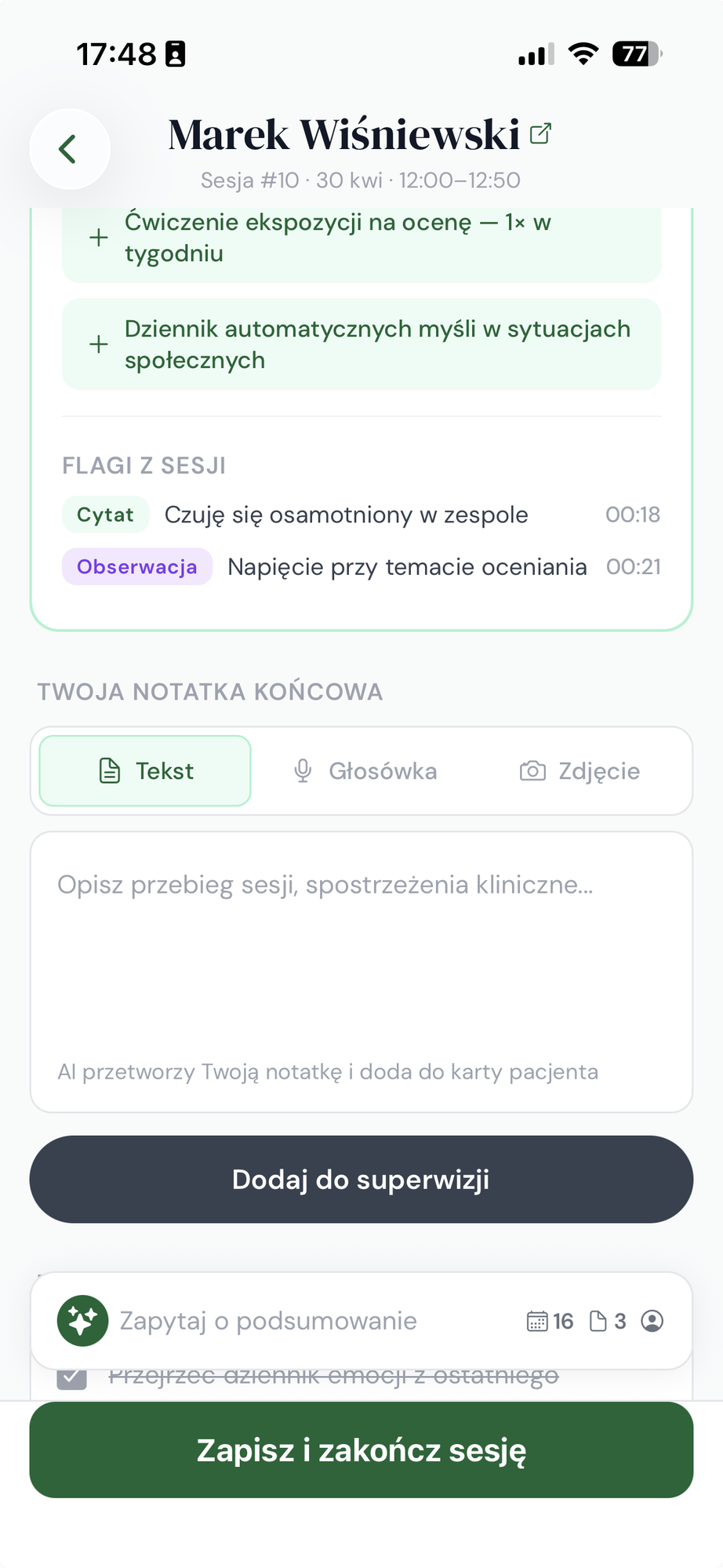 Notatka końcowa po sesji w Restora — automatyczna ekstrakcja flag i podsumowanie
