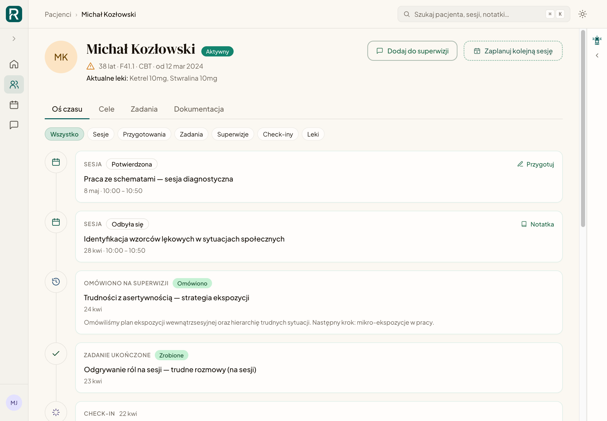Karta pacjenta w Restora — oś czasu sesji, celów i zadań