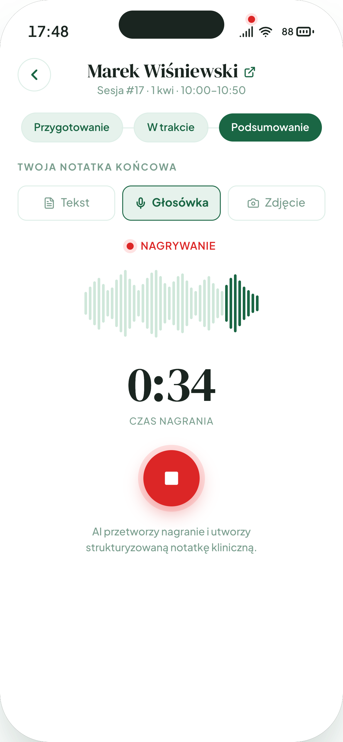 Restora — wybór formatu notatki po sesji (głosówka w trakcie nagrywania)