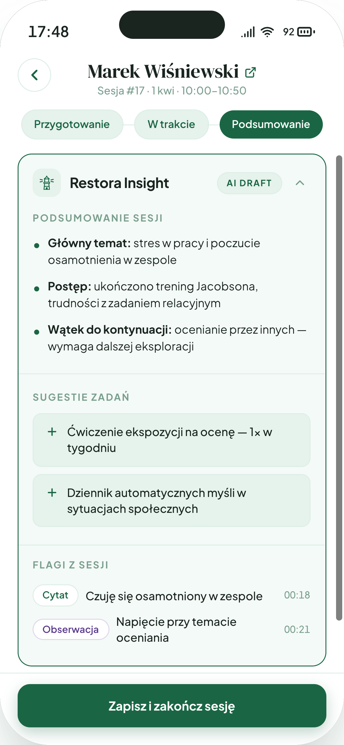 Restora — Draft notatki po sesji z podsumowaniem i sugestiami zadań